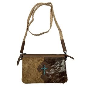 Western small Brown Tan Crossbody Bag purse cross cowhide tooled turquoise